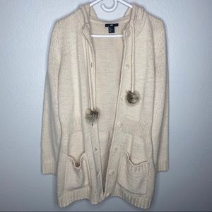 H&M Women's Cream Long Pocket Button Hood Cardigan